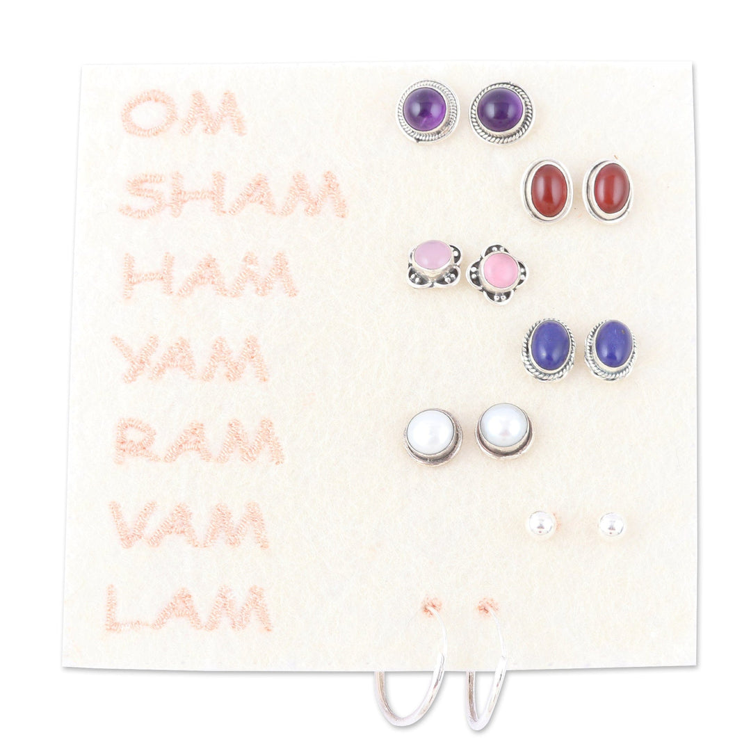 Set of 7 Polished Sterling Silver Earrings with Gemstones - Precious Auras