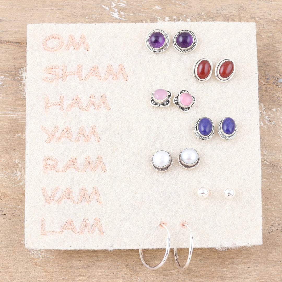 Set of 7 Polished Sterling Silver Earrings with Gemstones - Precious Auras