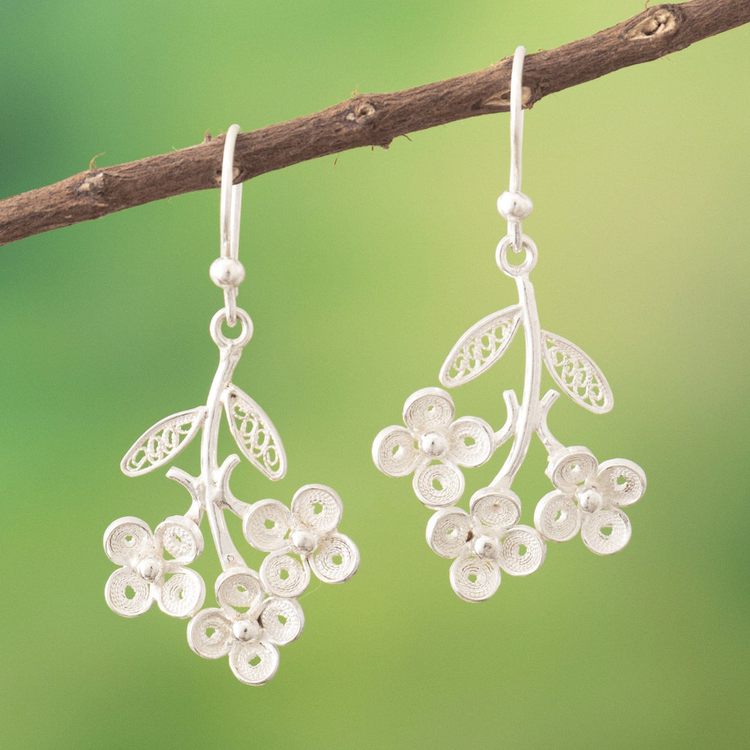 Sterling Silver Floral and Leaf Dangle Earrings - Heaven's Bouquet