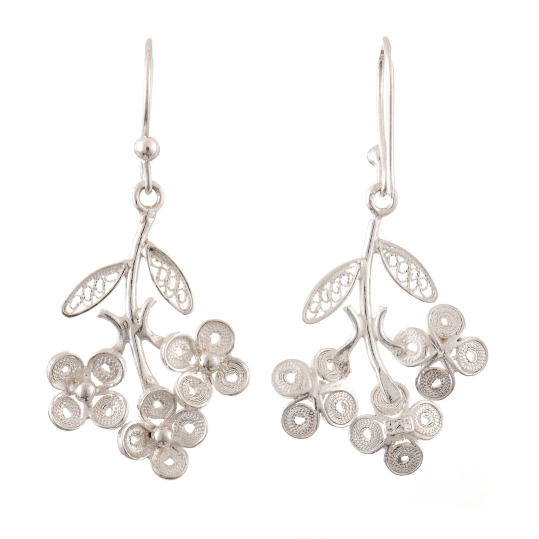 Sterling Silver Floral and Leaf Dangle Earrings - Heaven's Bouquet