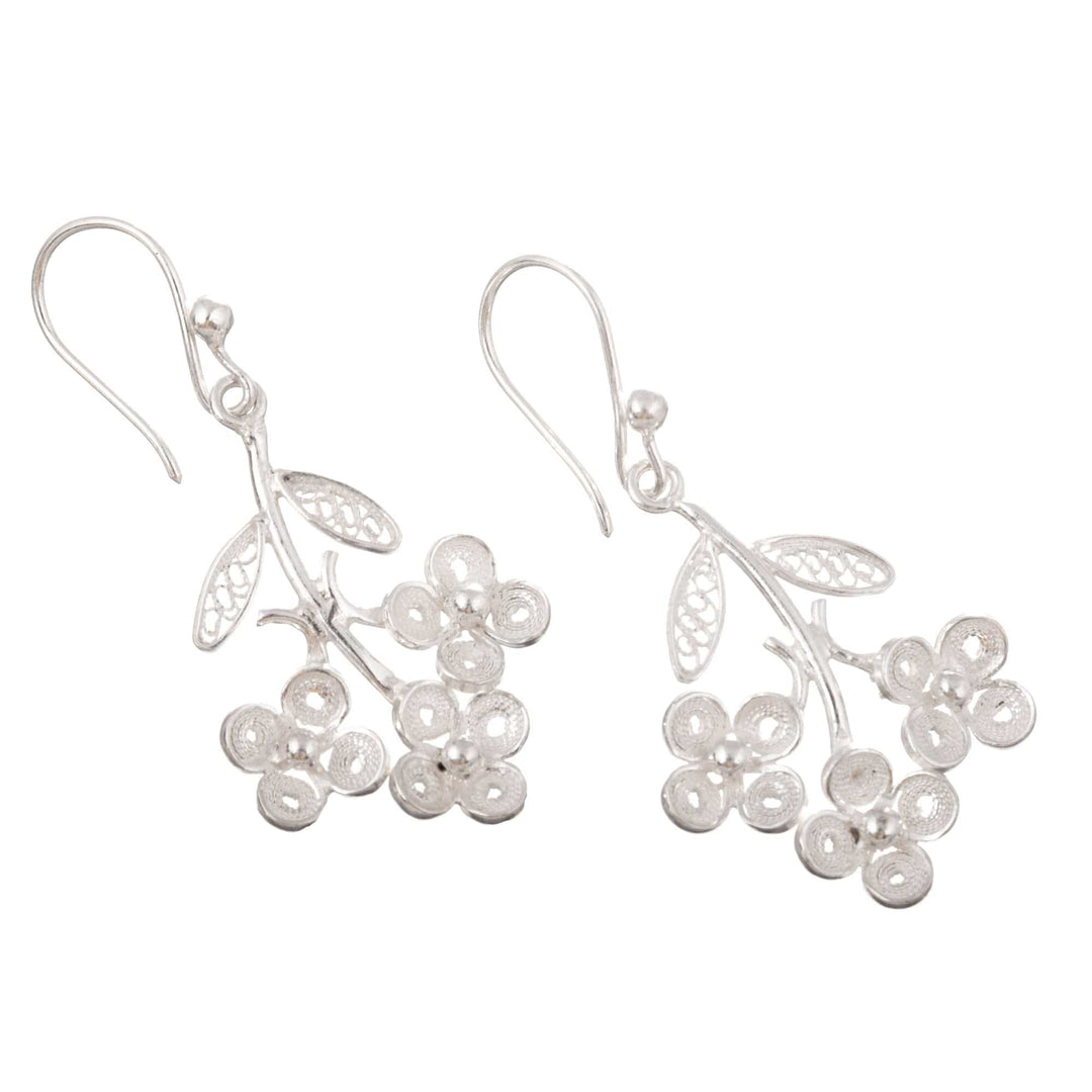 Sterling Silver Floral and Leaf Dangle Earrings - Heaven's Bouquet