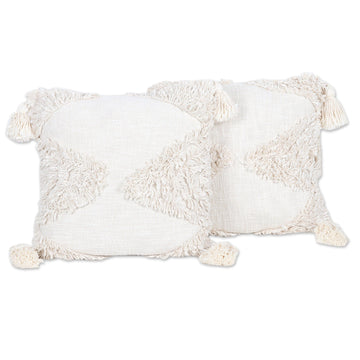 Pair of Embroidered Alabaster-Toned Cotton Cushion Covers - Alabaster Delight