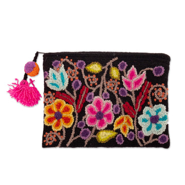 Black 100% Alpaca Cosmetic Bag with Floral Embroidery - Black Andean Paradise