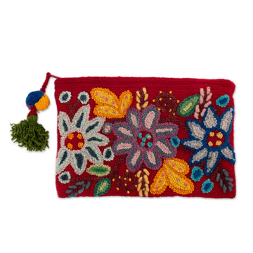 Floral Embroidered Red 100% Alpaca Cosmetic Bag - Intense Devotion