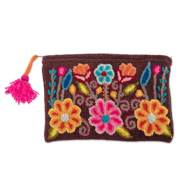 Brown 100% Alpaca Cosmetic Bag with Floral Embroidery - Warm Andean Paradise