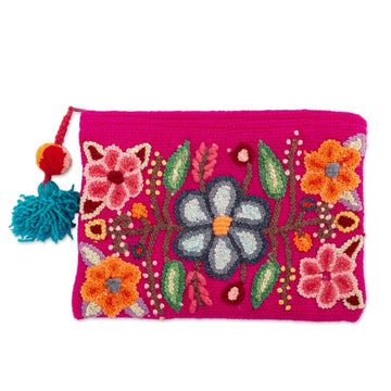 Hand-Woven 100% Alpaca Cosmetic Bag with Floral Embroidery - Garden of Flowers