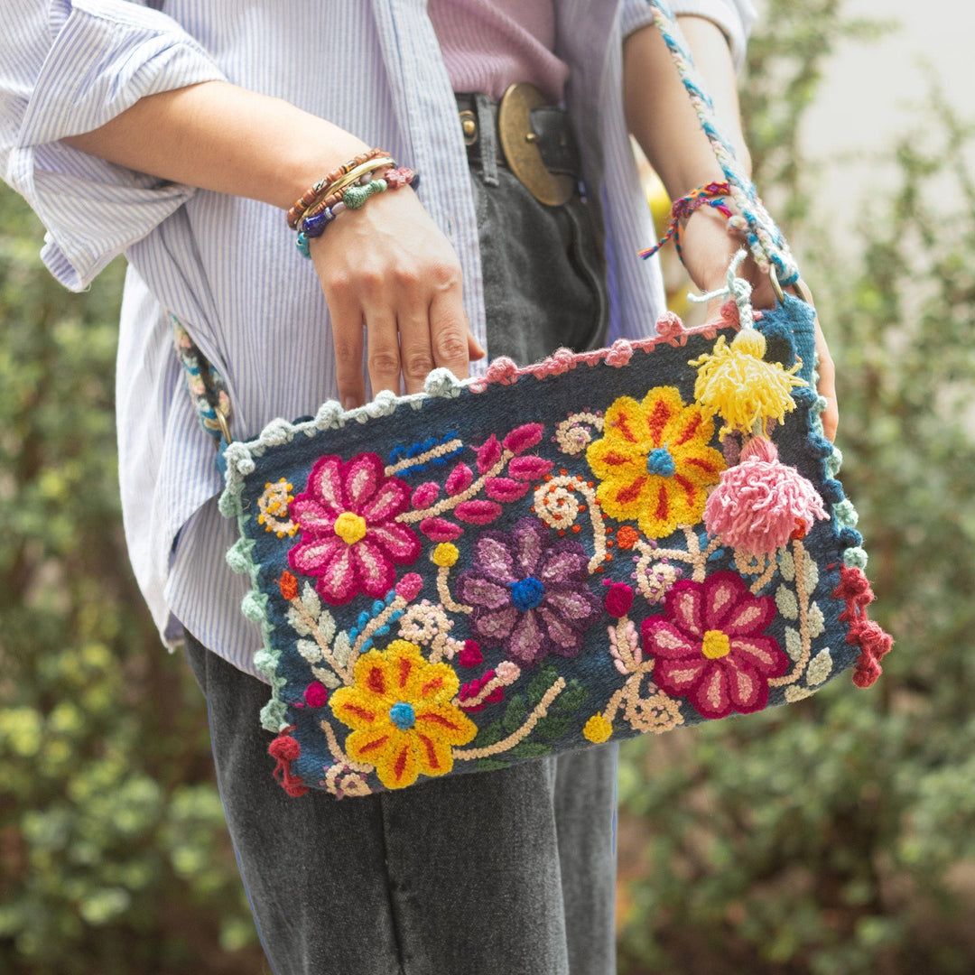 Handloomed Floral Iris Alpaca Sling with Zipper Closure - Ayacucho Blossoming