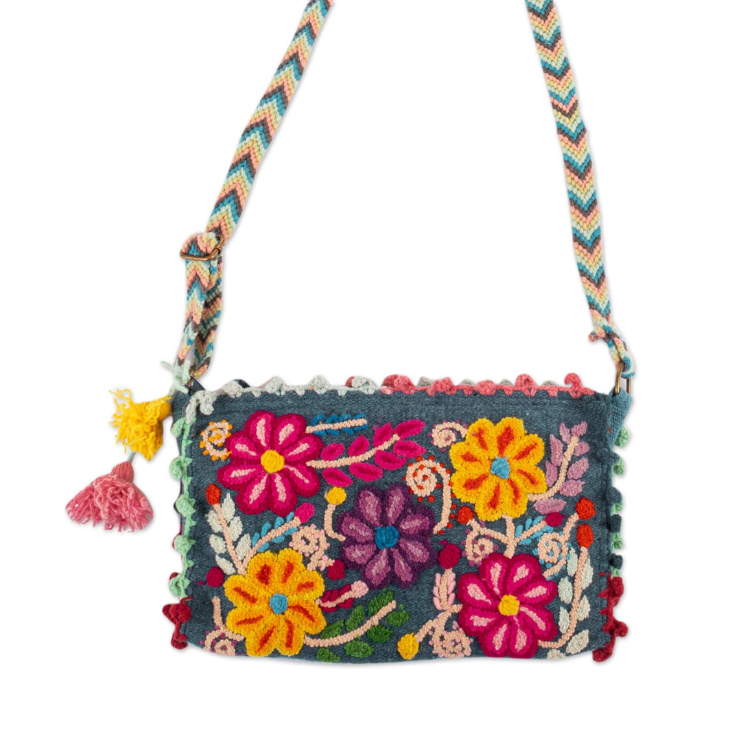Handloomed Floral Iris Alpaca Sling with Zipper Closure - Ayacucho Blossoming