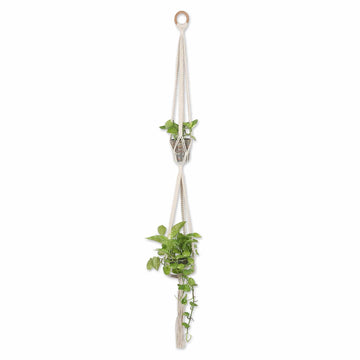 Handcrafted Macrame Cotton Hanging Planter with Wood Ring - Natural Element