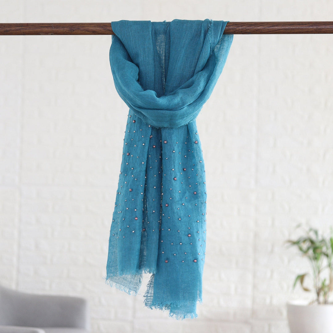 Caribbean Blue Linen Shawl Embellished with Acrylic Beads - Caribbean Sparks