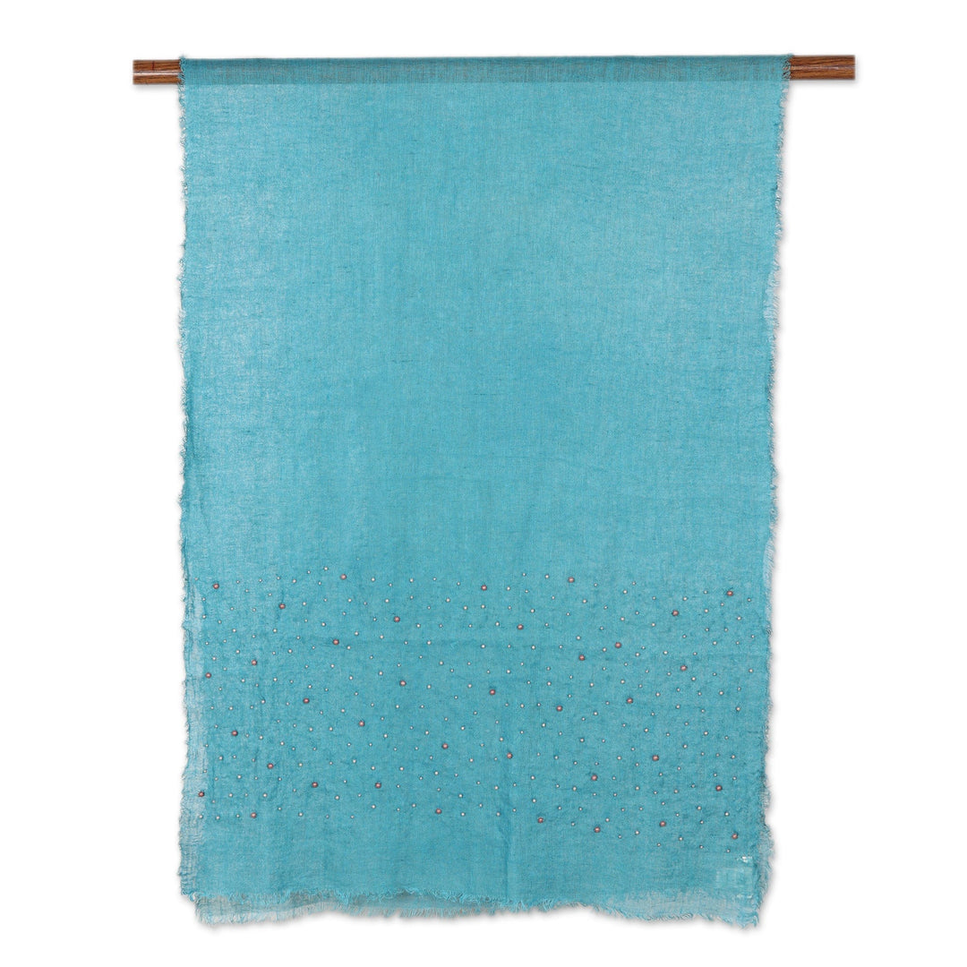 Caribbean Blue Linen Shawl Embellished with Acrylic Beads - Caribbean Sparks