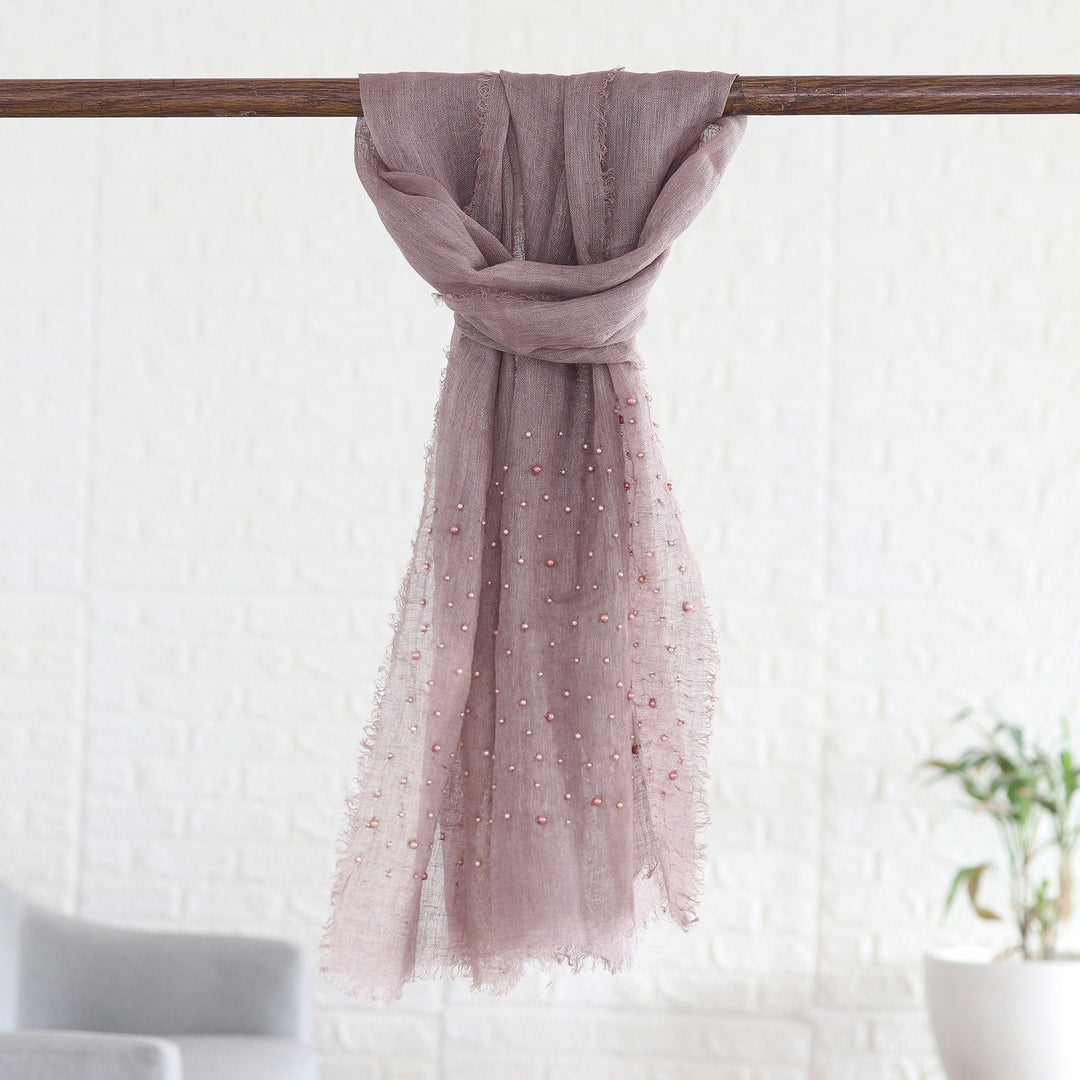 Purple Linen Shawl Embellished with Acrylic Beads - Purple Sparks