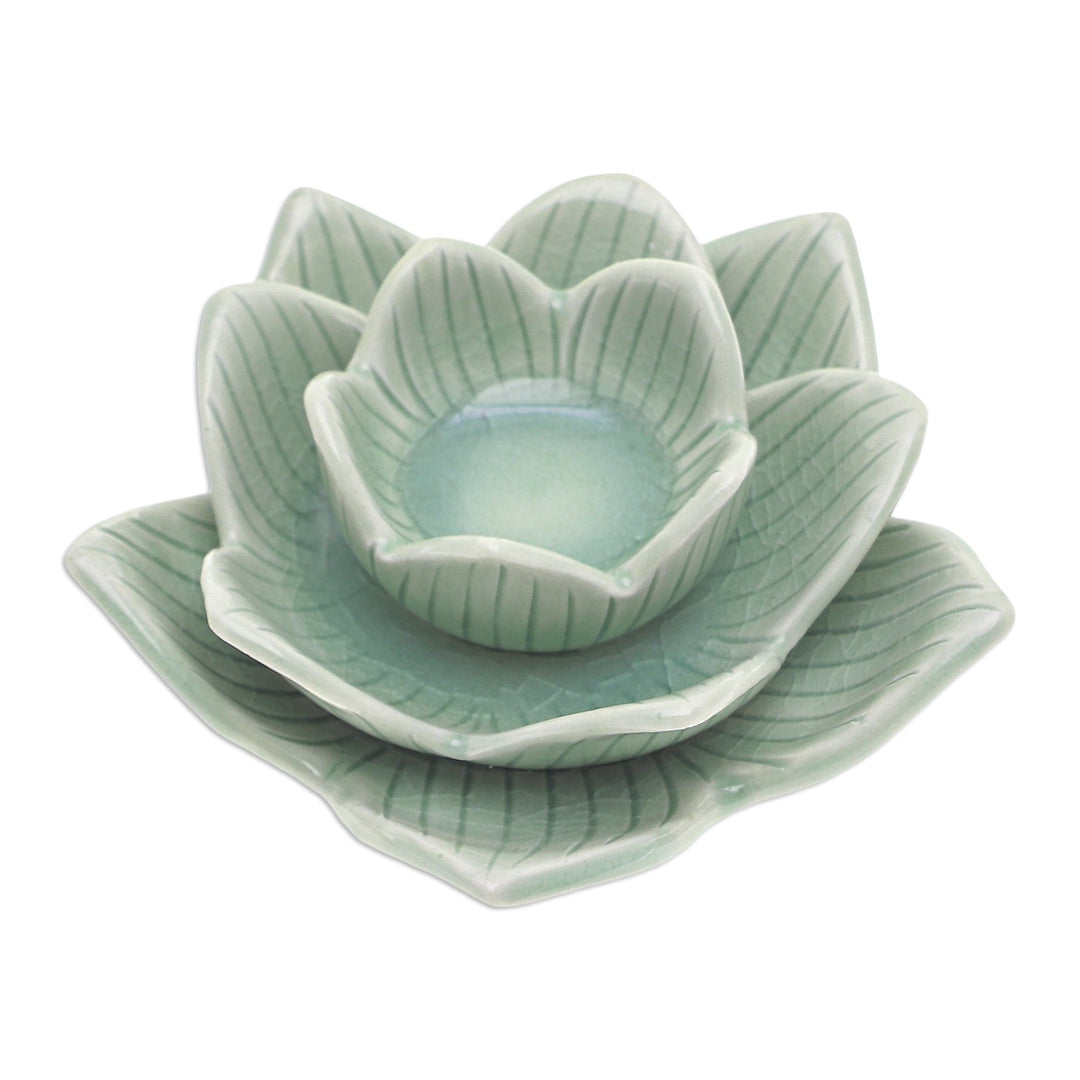 Lotus-Shaped Celadon Ceramic Tealight Candleholder in Green - Blooming Lotus