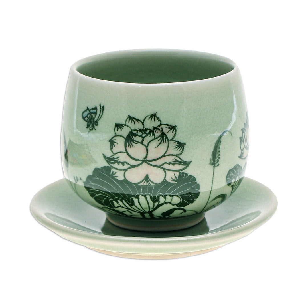 Handmade Celadon Ceramic Green Cup and Saucer with Flowers - Luxuriant Lotus