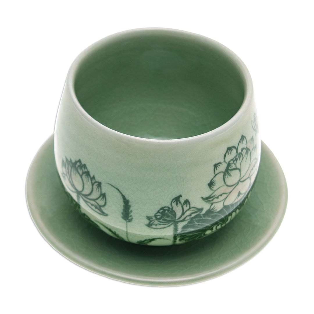 Handmade Celadon Ceramic Green Cup and Saucer with Flowers - Luxuriant Lotus