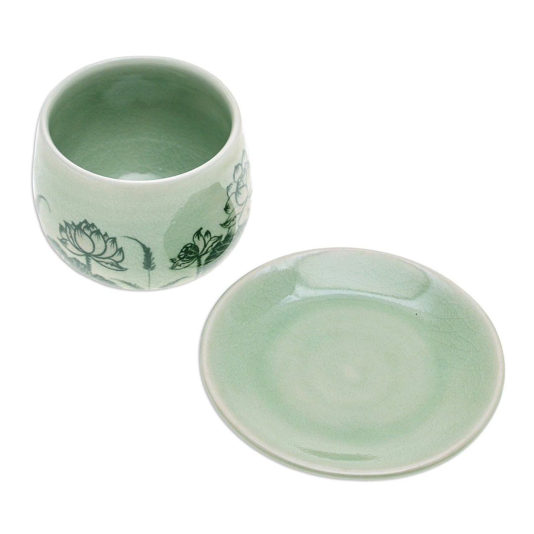 Handmade Celadon Ceramic Green Cup and Saucer with Flowers - Luxuriant Lotus