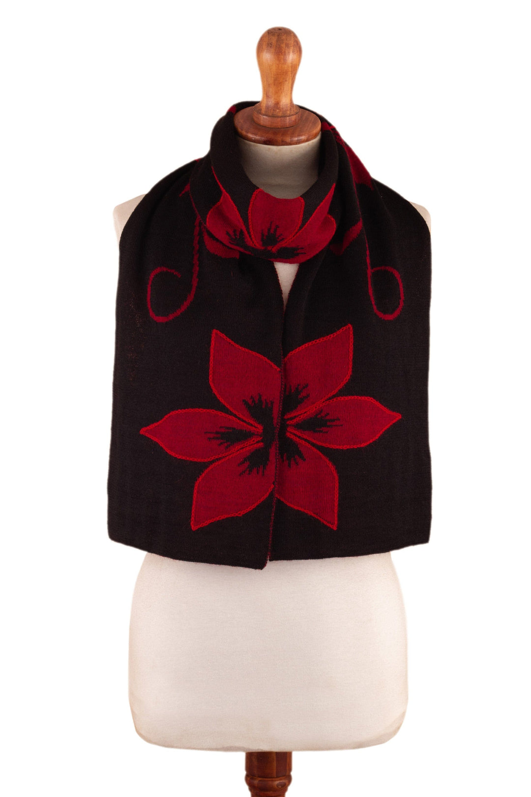 Cultural Floral Red and Black Reversible Alpaca Blend Scarf - Red Retama Emotions