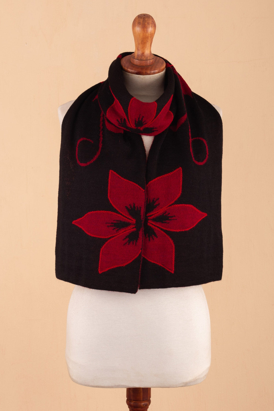 Cultural Floral Red and Black Reversible Alpaca Blend Scarf - Red Retama Emotions