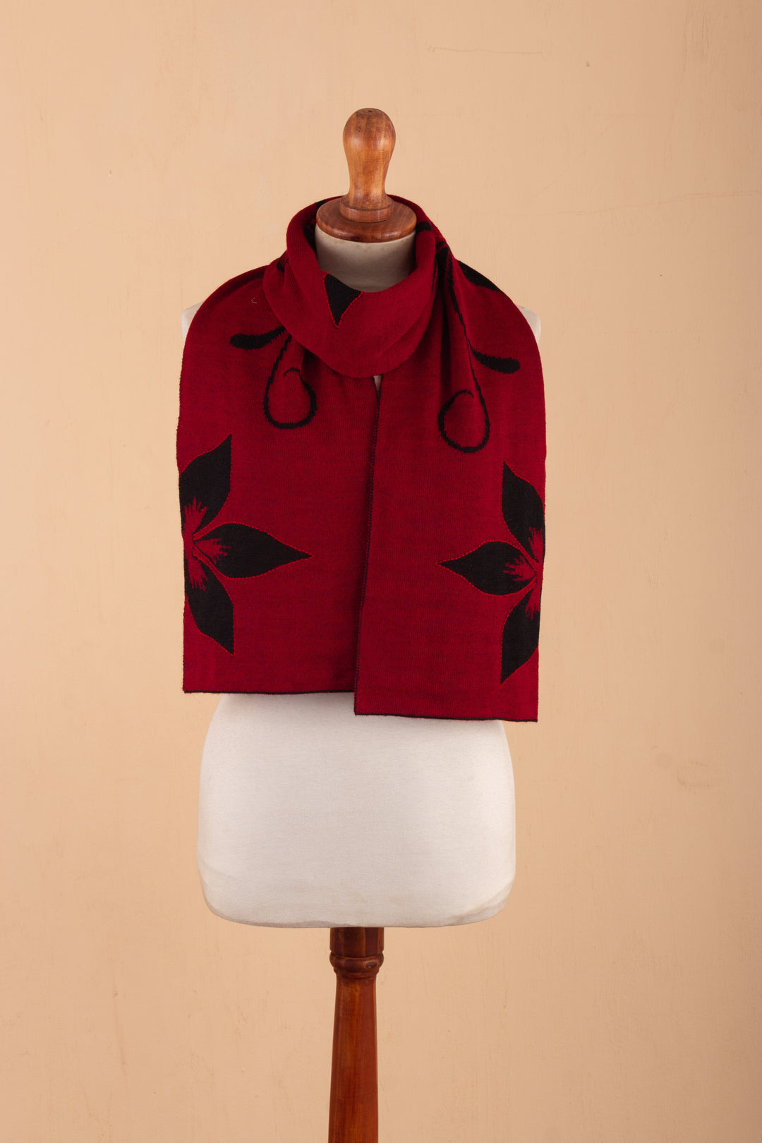 Cultural Floral Red and Black Reversible Alpaca Blend Scarf - Red Retama Emotions