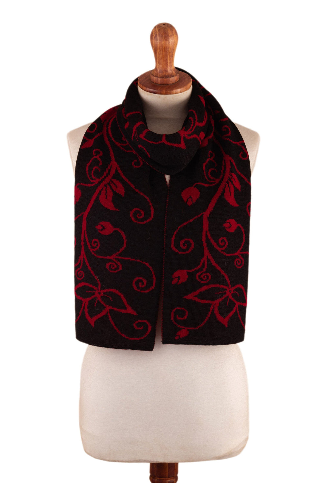 Leafy Black and Red Reversible Alpaca Blend Scarf from Peru - Crimson Vines