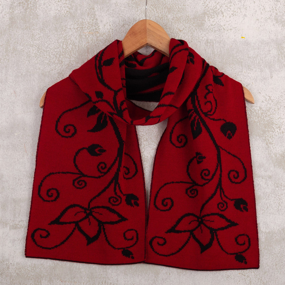 Leafy Black and Red Reversible Alpaca Blend Scarf from Peru - Crimson Vines