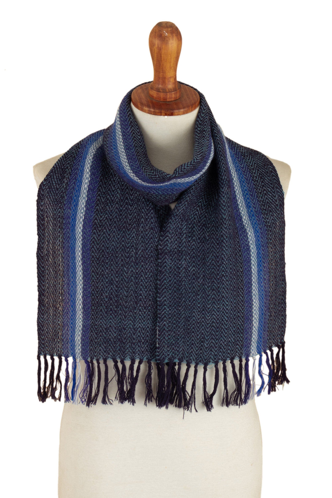 Blue and Ivory 100% Alpaca Striped Scarf Hand-Woven in Peru - Seabed