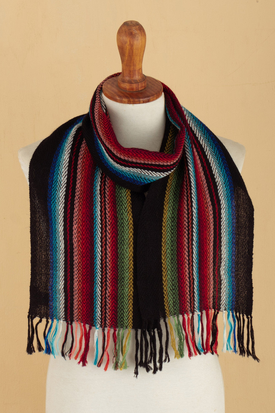 100% Alpaca Fringed Scarf with Stripes Hand-Woven in Peru - Family