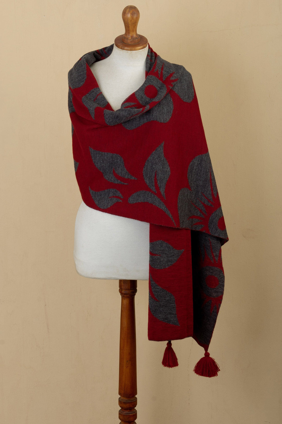 Floral-Themed Grey and Red Alpaca Blend Shawl Knit in Peru - Thought