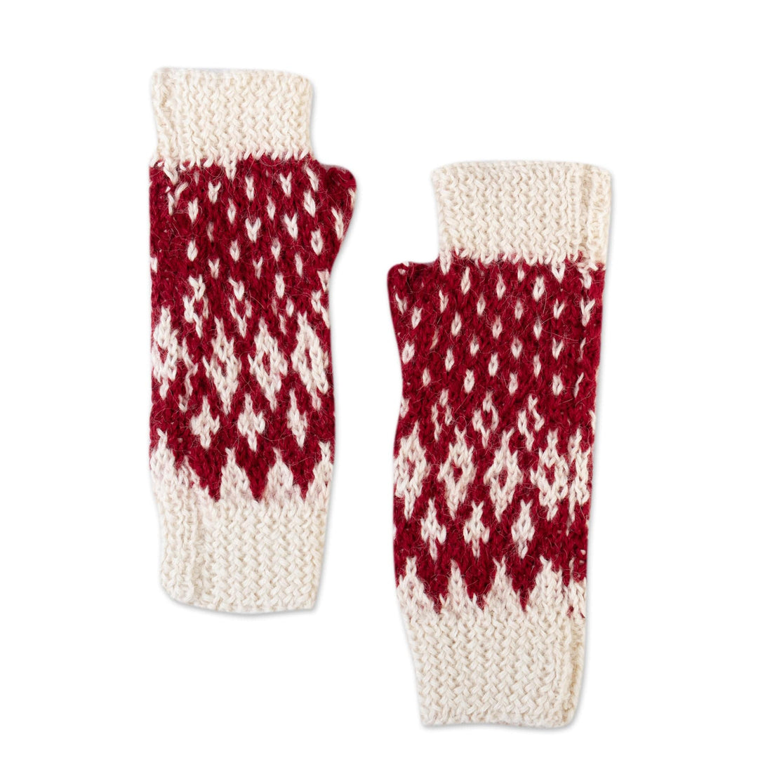 100% Alpaca Crocheted Fingerless Mitts in Red and White - Flamingos in The Sky