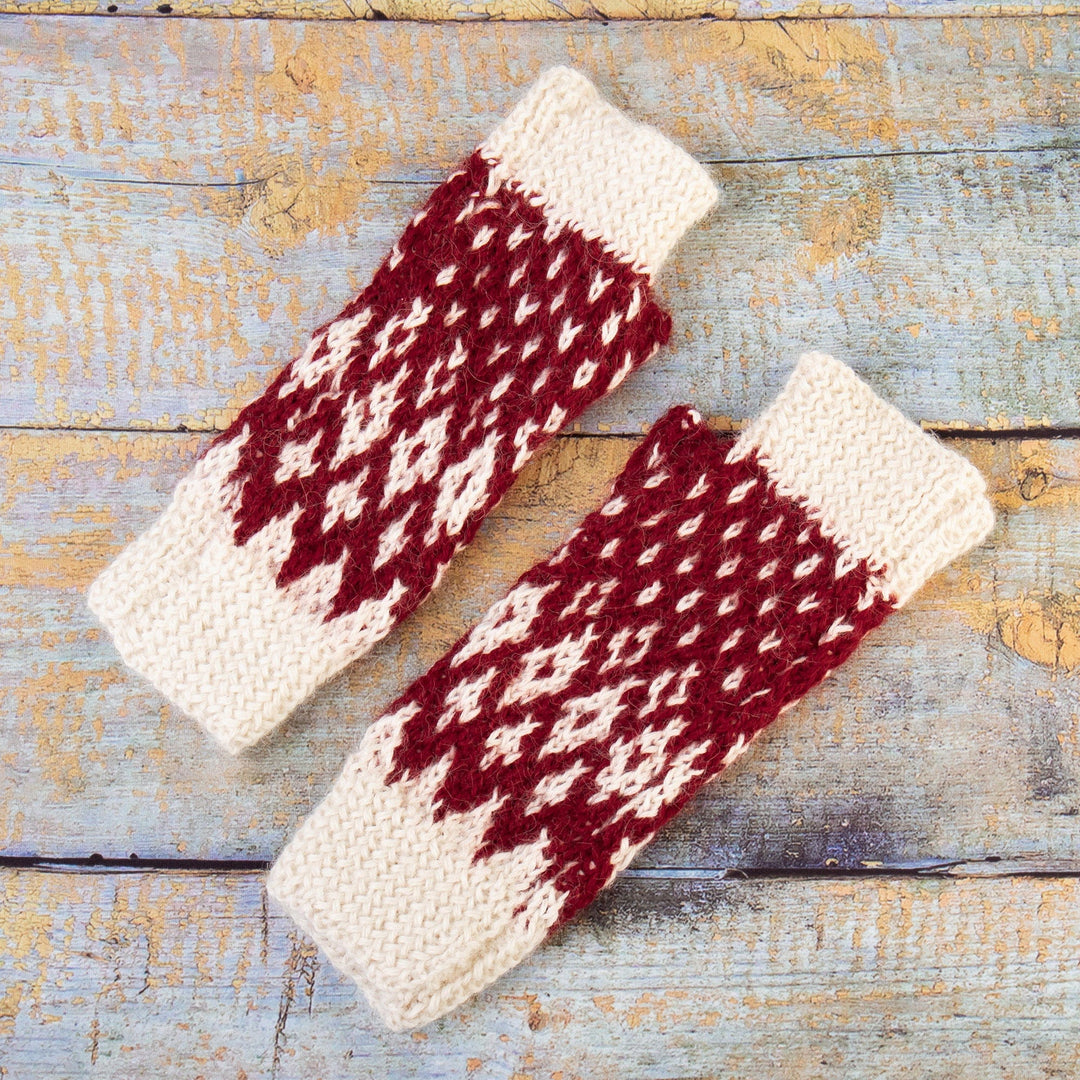 100% Alpaca Crocheted Fingerless Mitts in Red and White - Flamingos in The Sky