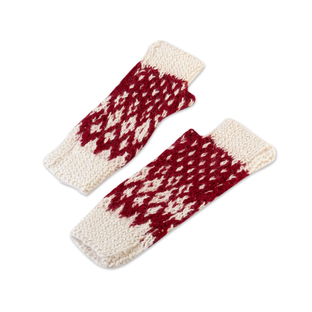100% Alpaca Crocheted Fingerless Mitts in Red and White - Flamingos in The Sky