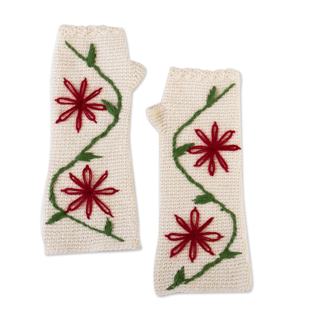 100% Alpaca Crocheted and Embroidered Fingerless Mitts - Contrasting Flowers