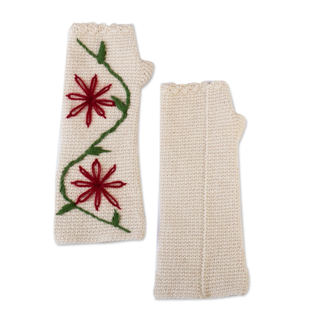 100% Alpaca Crocheted and Embroidered Fingerless Mitts - Contrasting Flowers