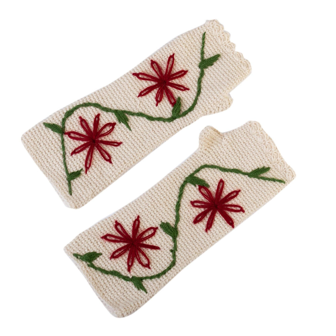 100% Alpaca Crocheted and Embroidered Fingerless Mitts - Contrasting Flowers