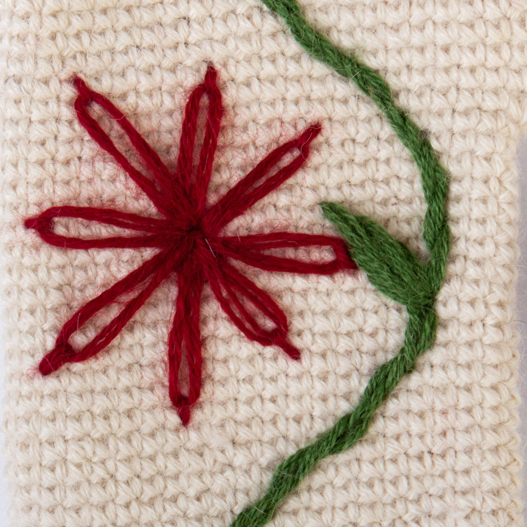 100% Alpaca Crocheted and Embroidered Fingerless Mitts - Contrasting Flowers