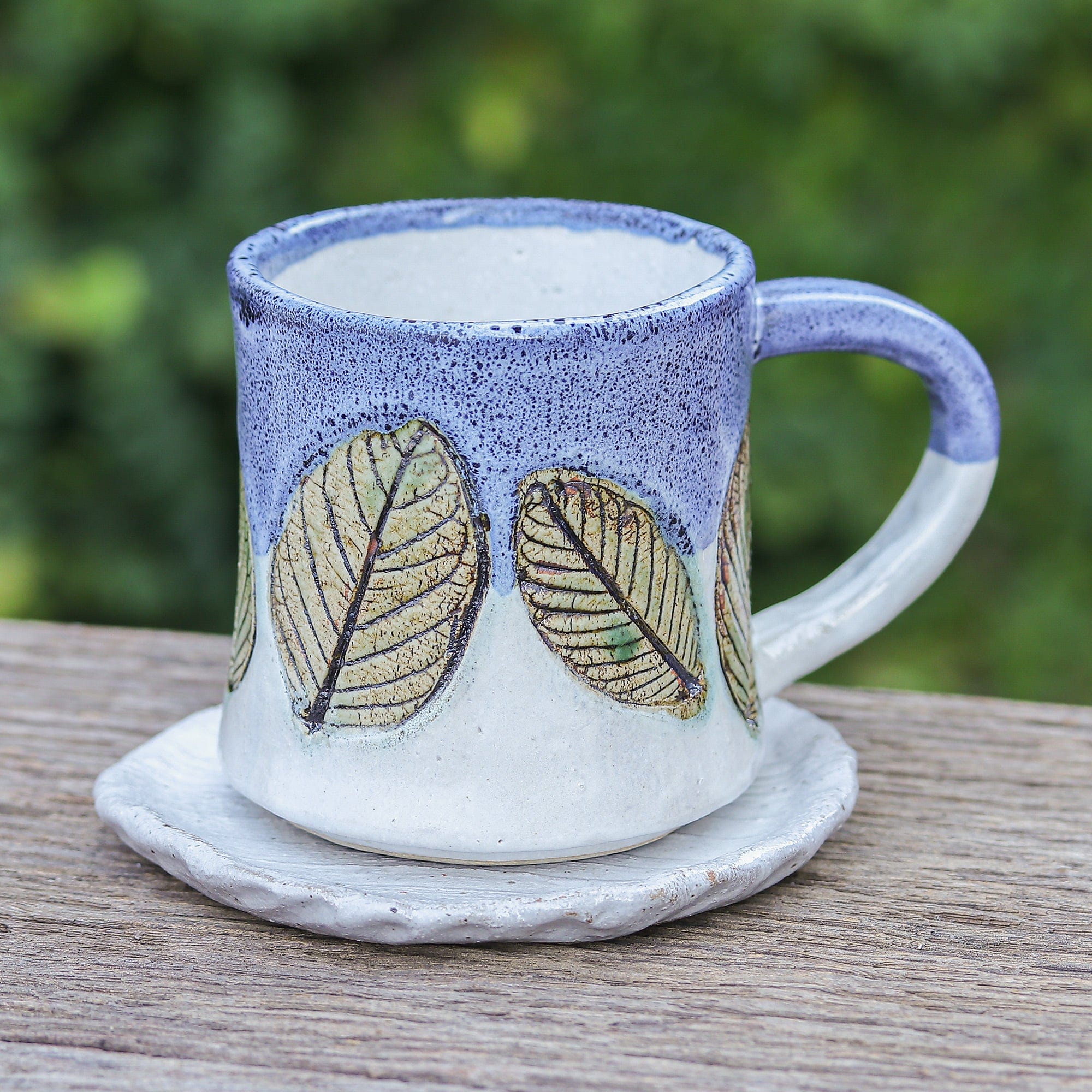 Handcrafted Ceramic Mug and Saucer Set with Leaf Motif