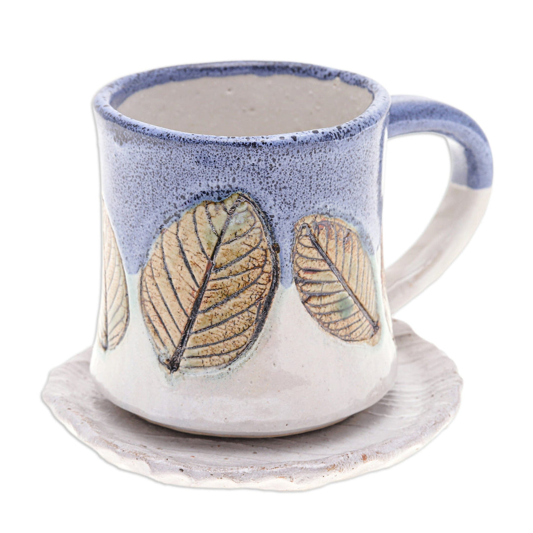 Handcrafted Ceramic Mug and Saucer Set with Leaf Motif - Charming Leaves