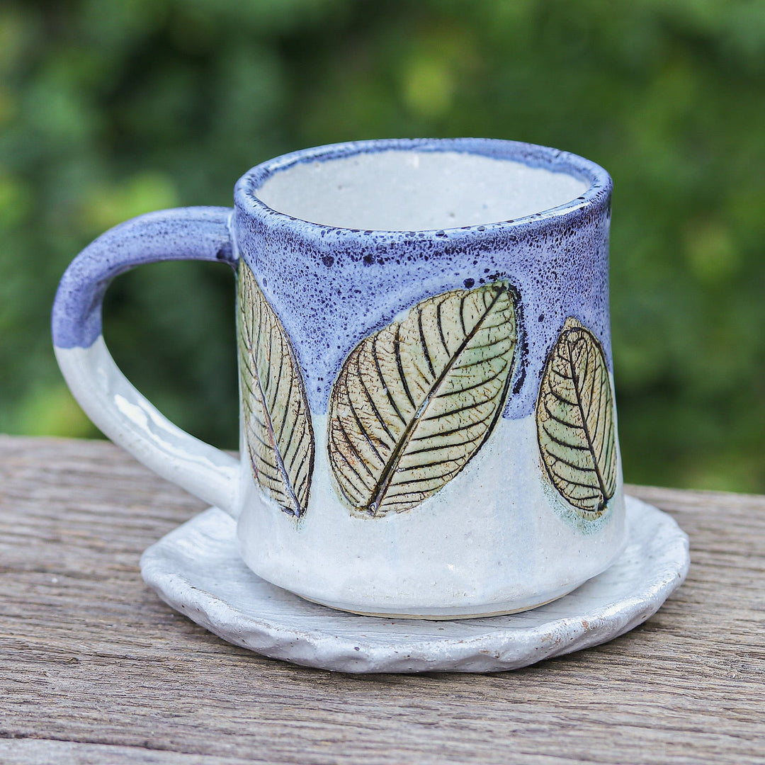 Handcrafted Ceramic Mug and Saucer Set with Leaf Motif - Charming Leaves