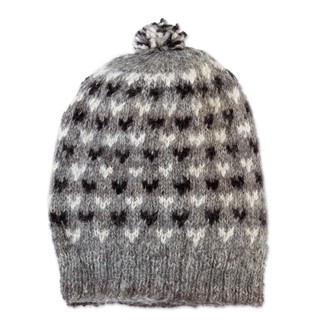 100% Alpaca Hat in Black and Grey Hand-Knitted in Peru - Heavenly Hearts