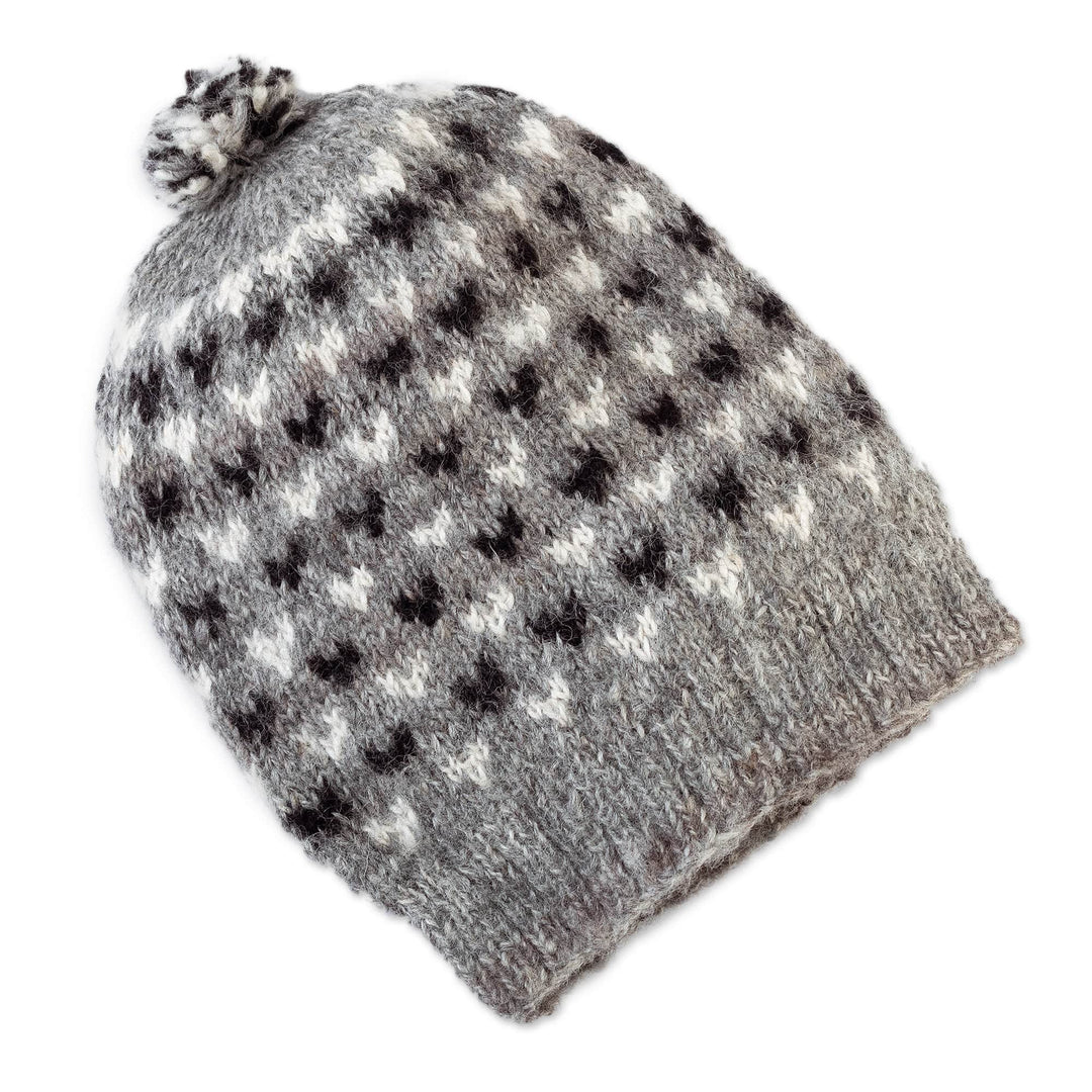 100% Alpaca Hat in Black and Grey Hand-Knitted in Peru - Heavenly Hearts