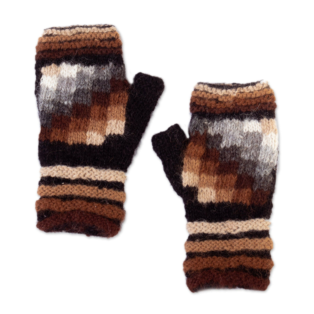 100% Alpaca Geometric Fingerless Mitts Hand-Knitted in Peru - Andean Cosmovision