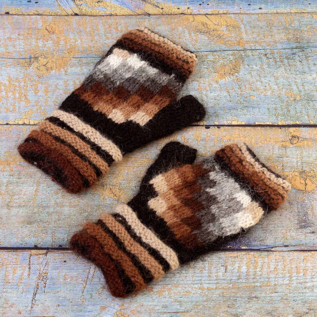 100% Alpaca Geometric Fingerless Mitts Hand-Knitted in Peru - Andean Cosmovision
