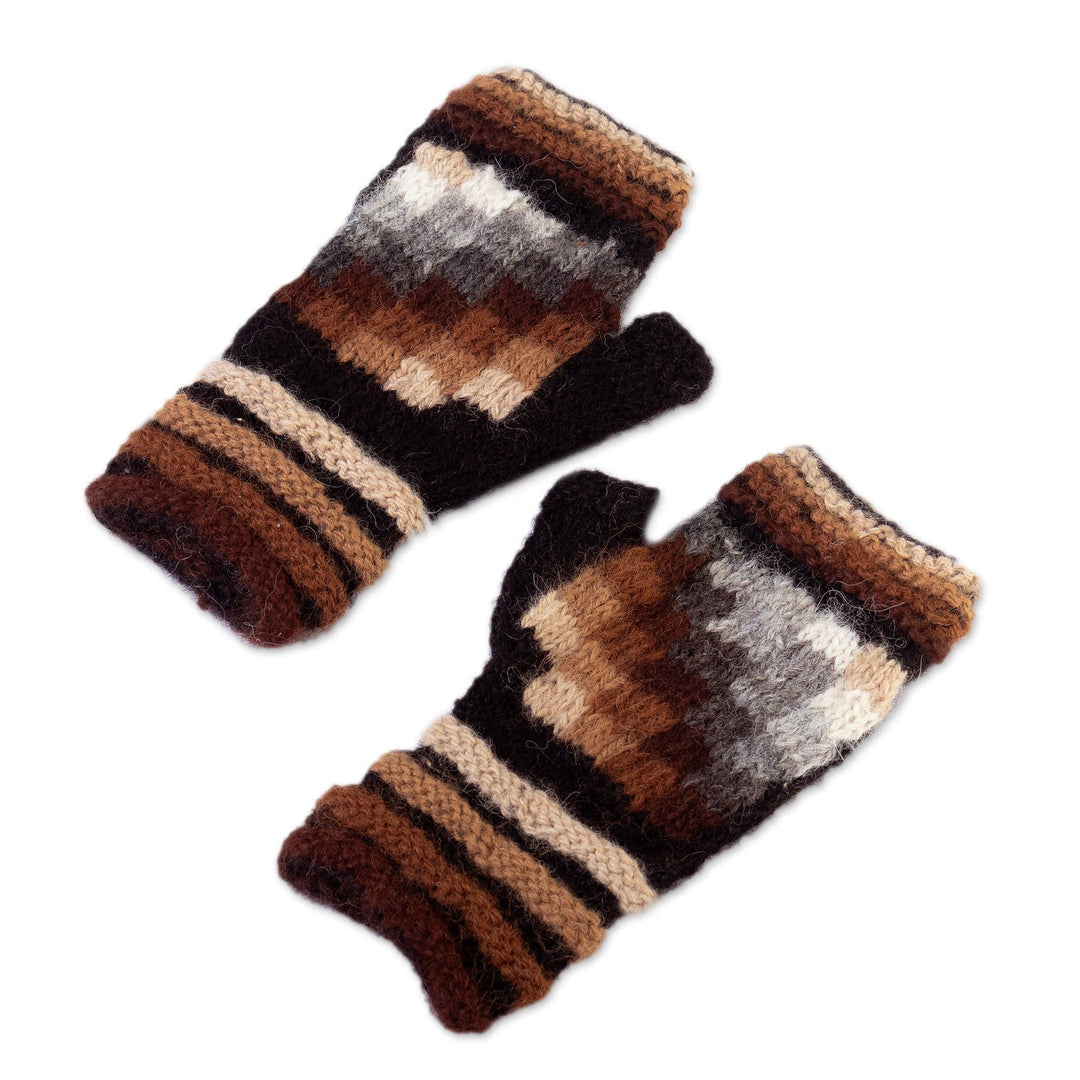 100% Alpaca Geometric Fingerless Mitts Hand-Knitted in Peru - Andean Cosmovision