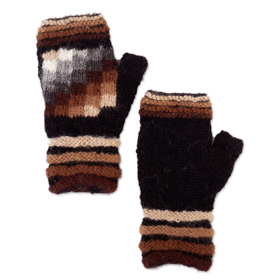 100% Alpaca Geometric Fingerless Mitts Hand-Knitted in Peru - Andean Cosmovision