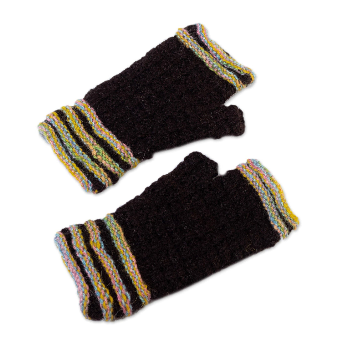 100% Alpaca Striped Fingerless Mitts Hand-Knitted in Peru - Heavenly Stripes