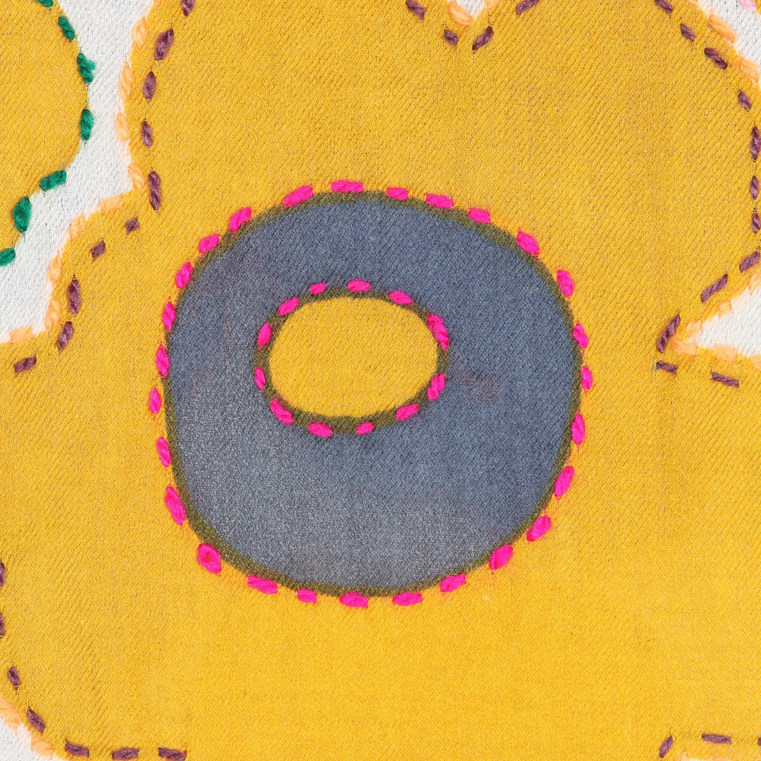 Stitch-Accent Wool Shawl with Screen-Printed Floral Motifs - Cheerful Blossoms