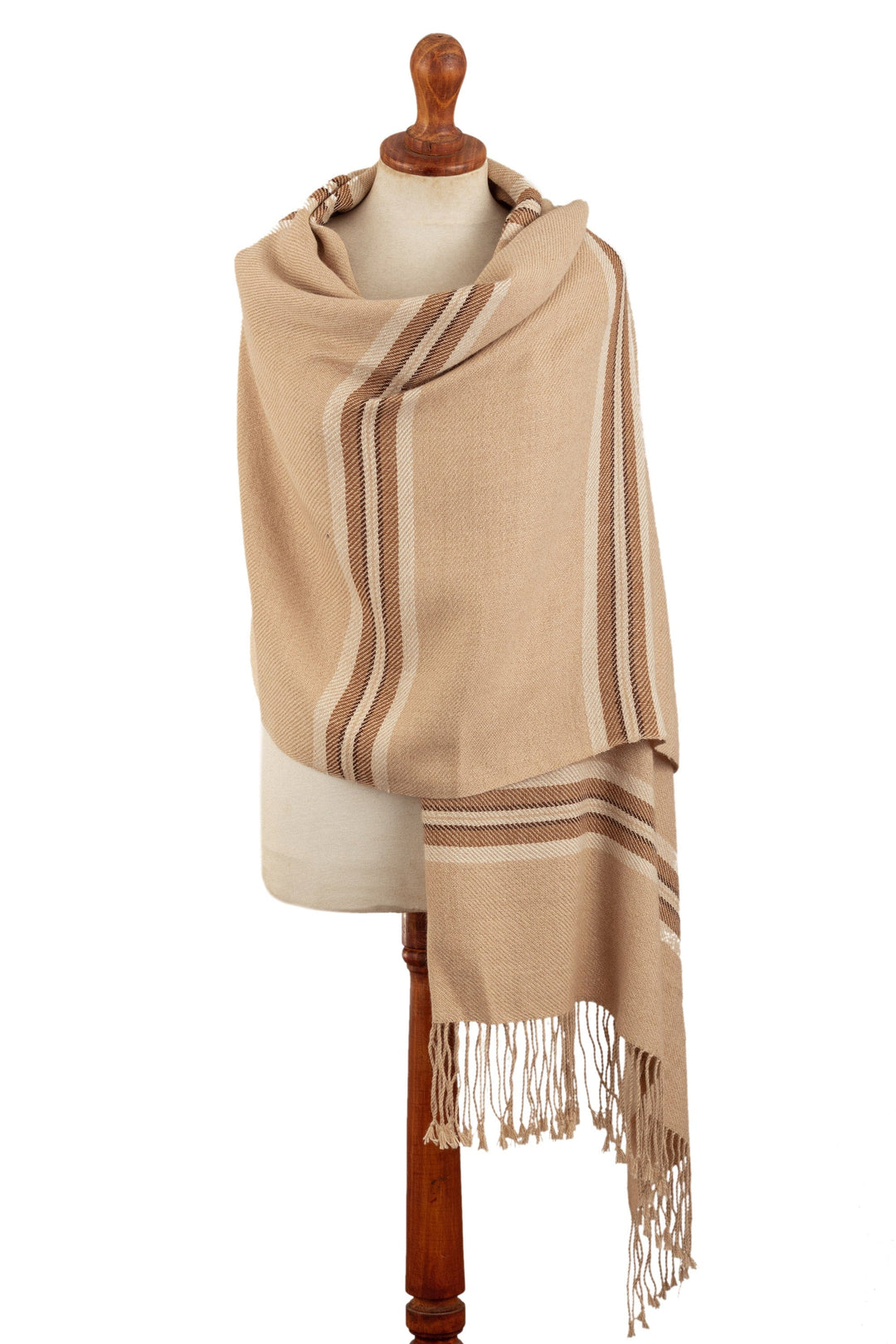 Fringed & Striped Beige Shawl Hand-Woven in 100% Baby Alpaca - Bliss