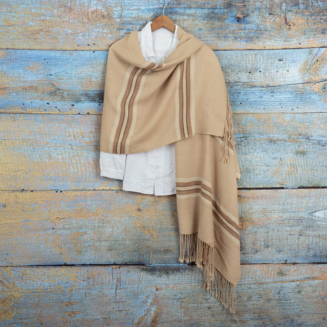 Fringed & Striped Beige Shawl Hand-Woven in 100% Baby Alpaca - Bliss