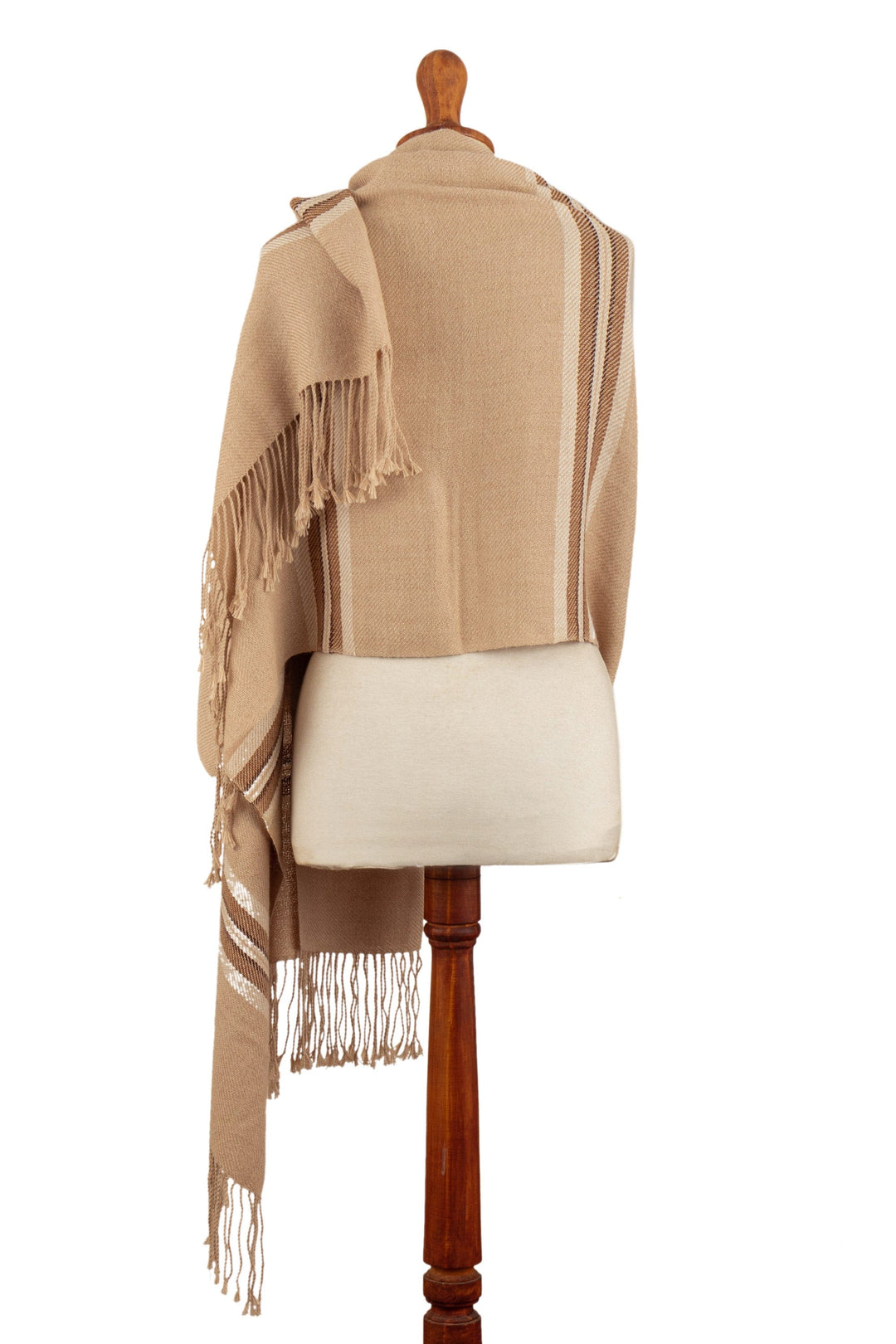 Fringed & Striped Beige Shawl Hand-Woven in 100% Baby Alpaca - Bliss