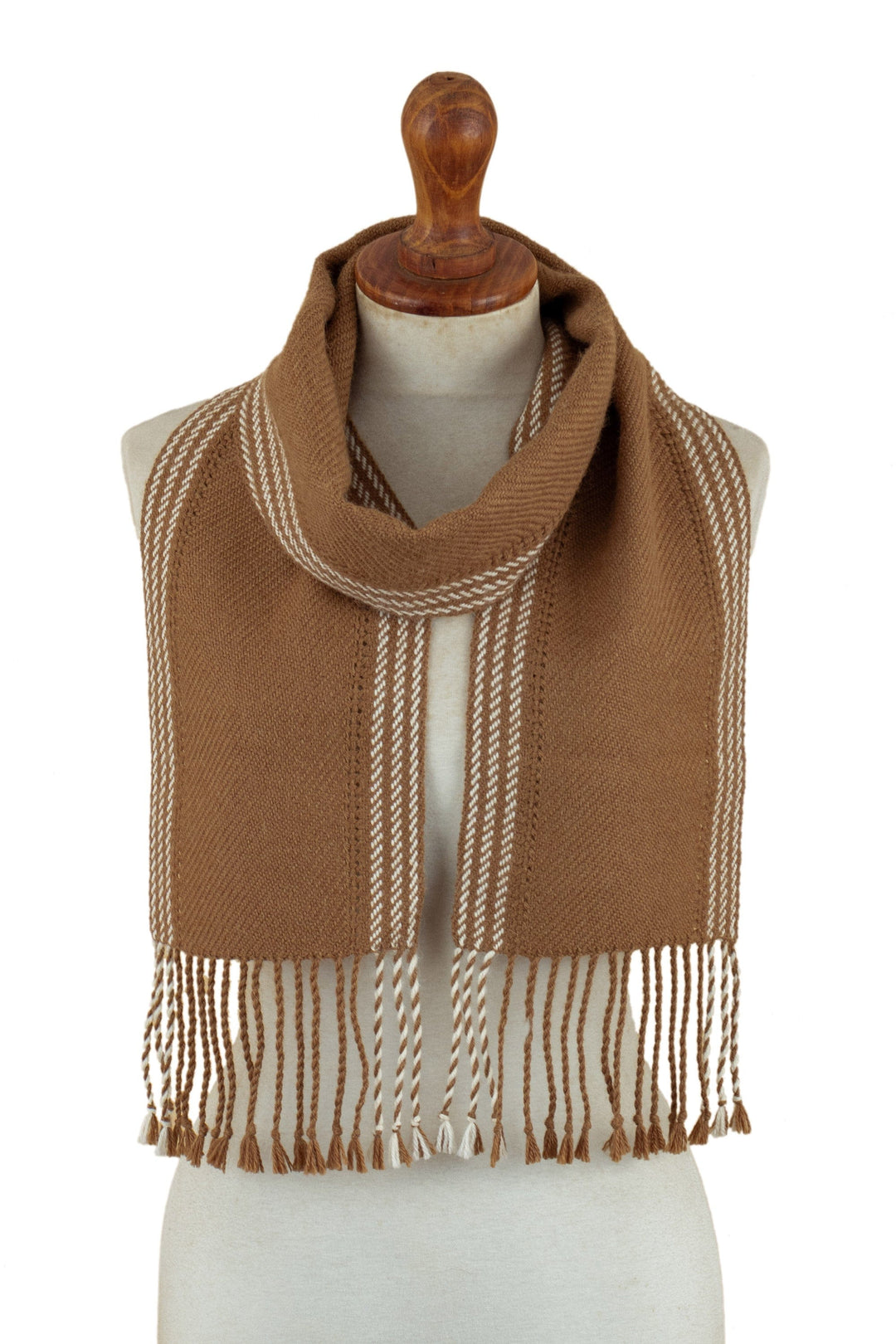 Striped & Fringed Brown Scarf Hand-Woven in 100% Baby Alpaca - Warmth